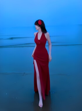 GirlsAt18 红色立体花朵挂颈洋装女夏季性感海边度假掐腰长裙