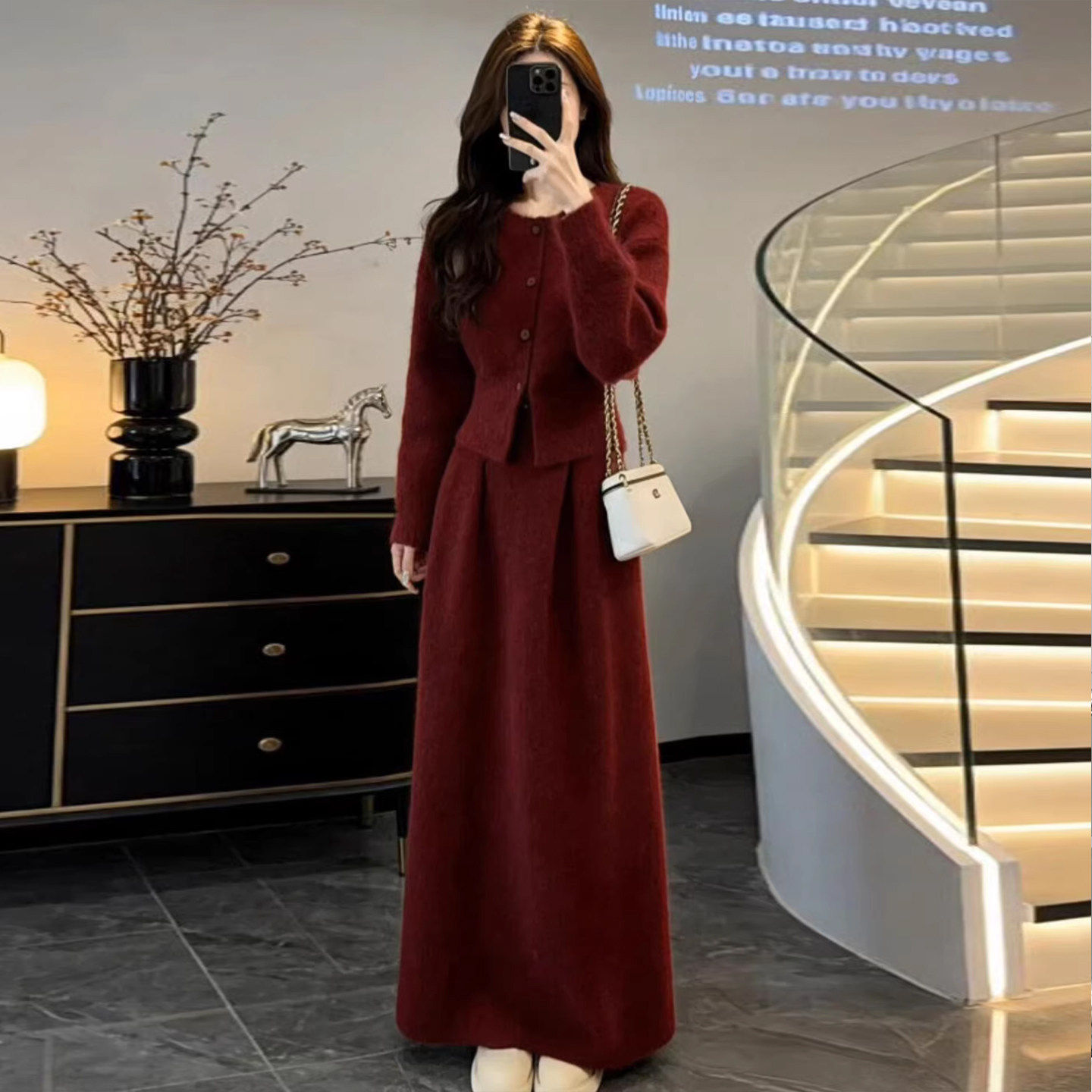 红色毛衣针织洋装子女冬季2026新款巨好看韩系穿搭一整套装长裙