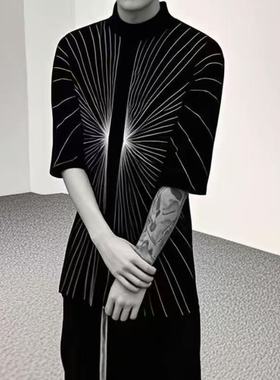 ROG RO暗黑短袖射线刺绣宽松长款t恤黑色蜘蛛网半高领立领半袖