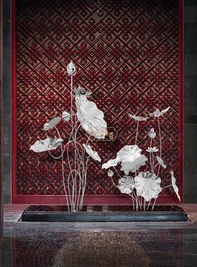 不锈钢荷花雕塑金属摆设庭院水景落地摆件酒店水池定制荷叶装饰品