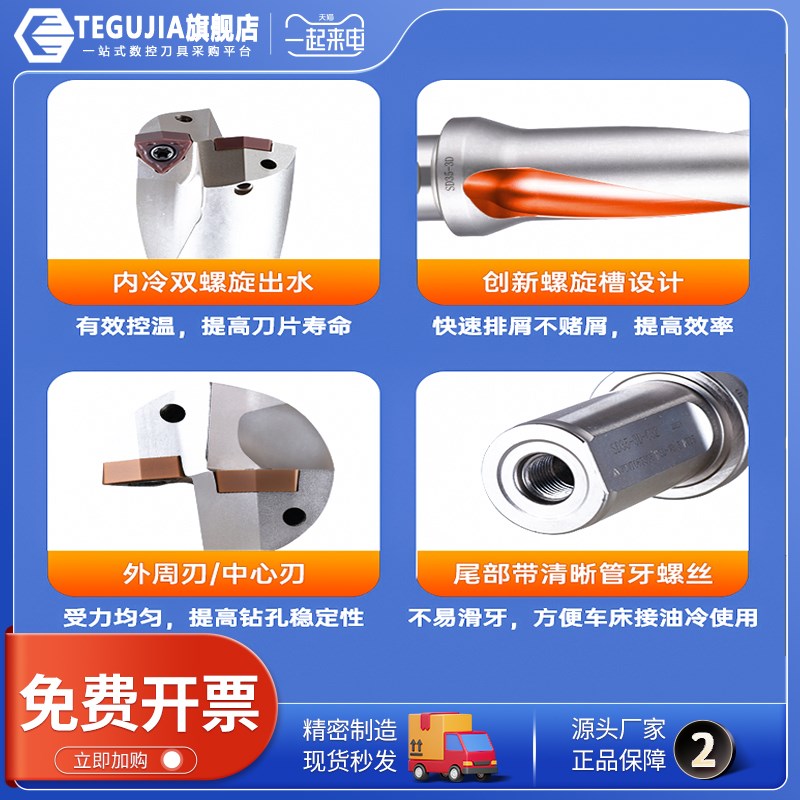 U钻暴力钻快速钻头车床定心钻平底喷水深孔钻头WC刀U片14/24U钻