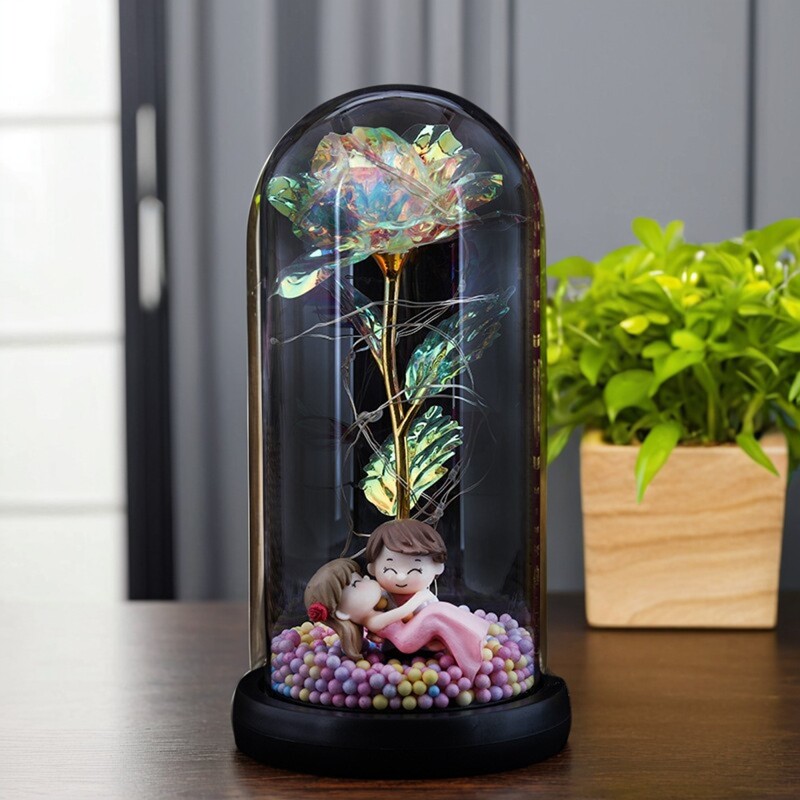 玻璃罩玫瑰花LED灯金箔花彩金圣