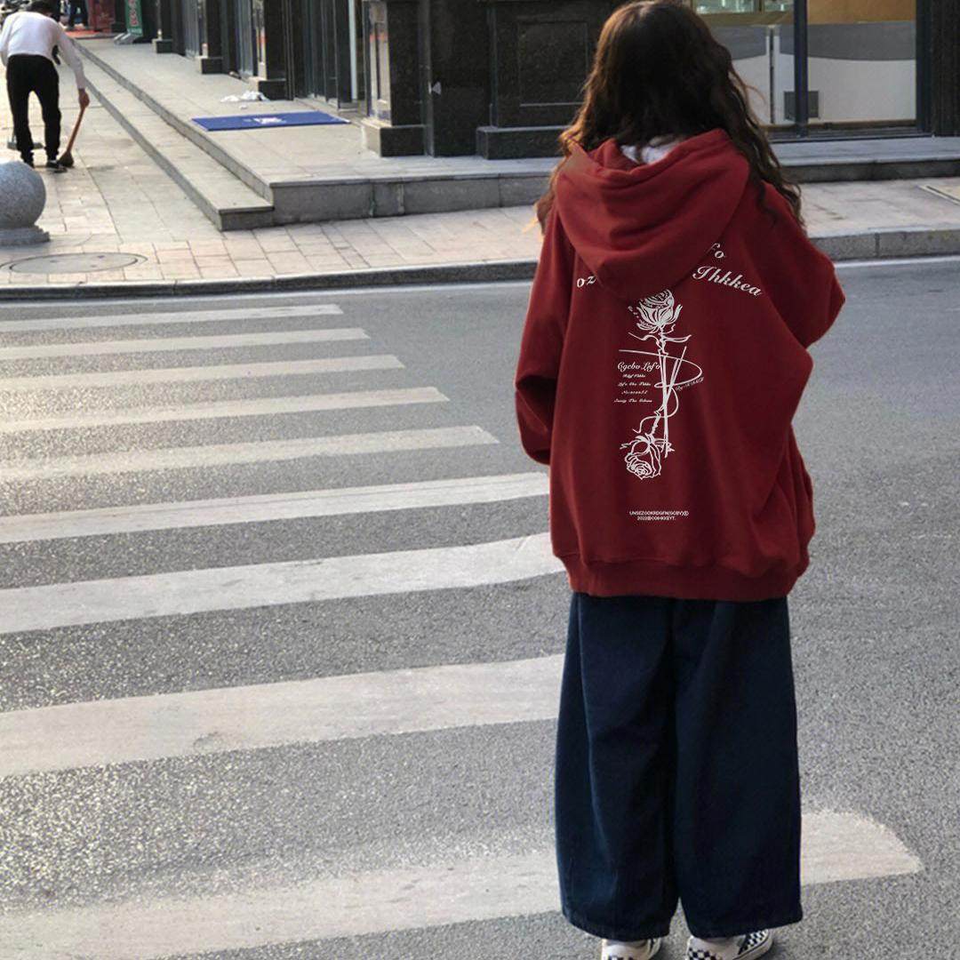 美式复古oversize酒红色卫衣女秋冬加绒加厚连帽oversize慵懒外套,女装/女士精品,卫衣/绒衫,淘宝优惠券,粉丝福利购,淘宝优惠卷