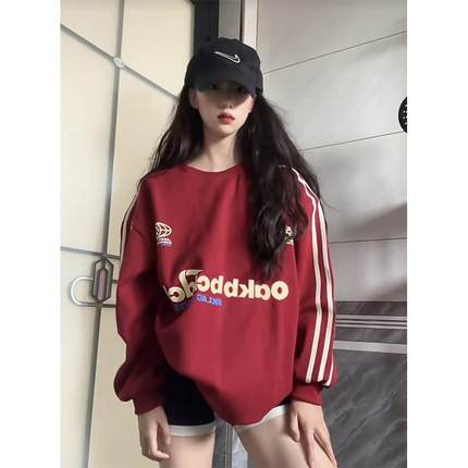 2024新款秋冬加绒加厚连帽卫衣女三条杠宽松休闲百搭套头外套上衣