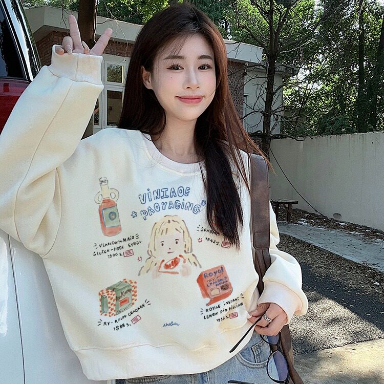 2025春款趣味印花圆领短款加绒加厚套头卫衣女冬季上衣美式慵懒风