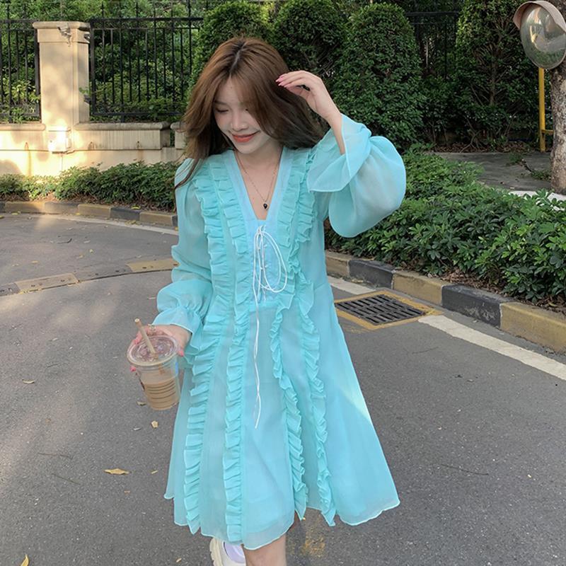 碎花雪纺连衣裙女装裙子秋季2024新款甜美长袖V领木耳花边公主裙