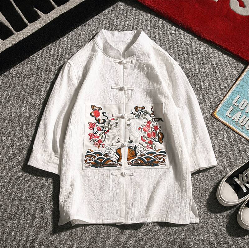 Chinese style top spring and summer Vintage shirt Chinese embroidery improved Hanfu dish button mens seven point sleeve Tang fat