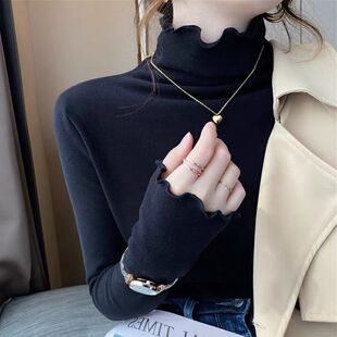 加厚半高领打底衫女秋冬内搭修身木耳边中领上衣保暖加绒长袖