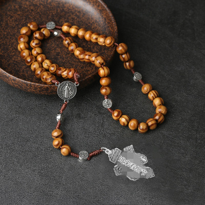 10MM Wood Beads Rosary Cross Necklace For Women Men