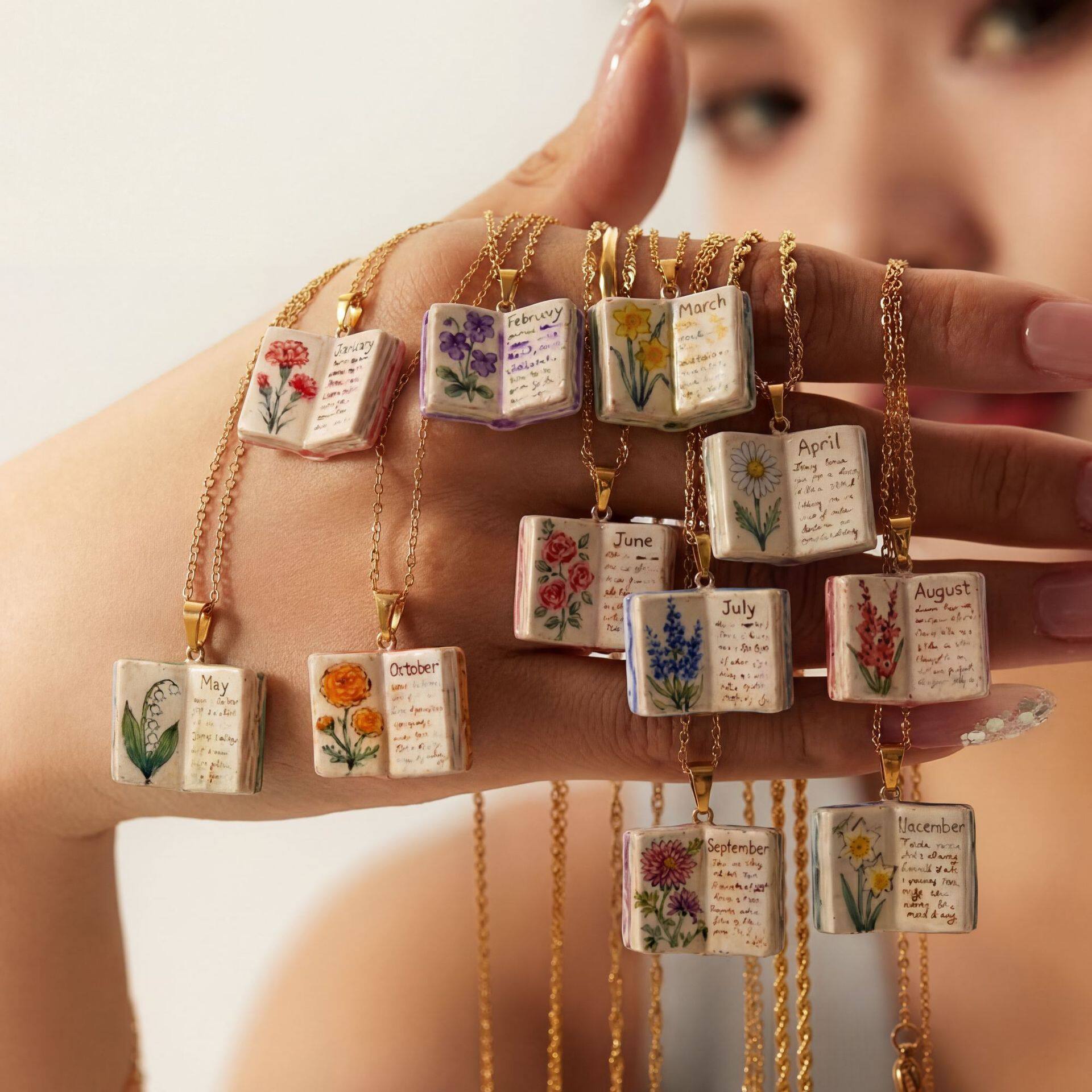 December antique porcelain book necklace with copper plating