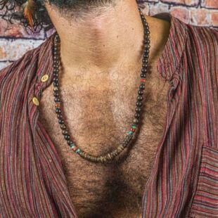 Men's necklace with hip-hop wooden beads and turquoise stone