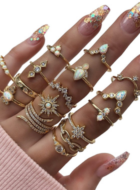 Exaggerated rhinestone gemstone 17pc finger knuckle ring set