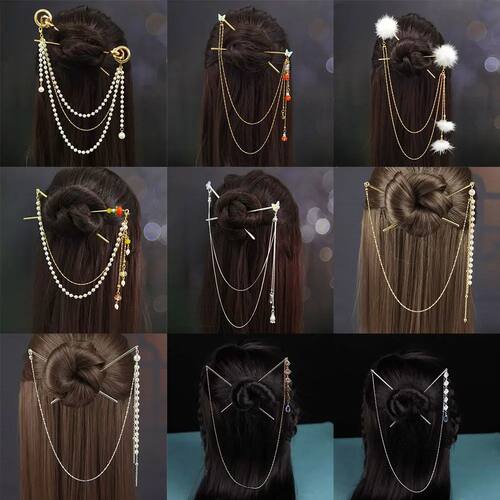 ve Nunchaku Hairpin Double Hairpin Tassel Chain Hanfu Tiaras