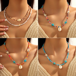 Summer Bohemian Shell Pendant Colorful Bead Necklace