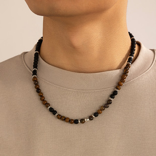 Men's patchwork beaded necklace volcanic stone necklace for