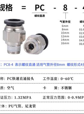 黑色快速接头PC 气管螺纹直通快插气动接头 PC6-02/8/10/12/16mm