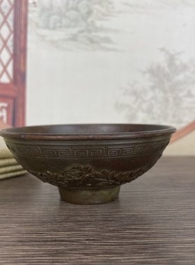 做旧仿古铜老包浆年年有鱼碗摆件  复古文玩家居办公室装饰摆件