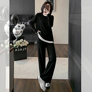 MONLOUVE2025秋季休闲慵懒风假两件慵懒风套装女宽松时尚洋气黑色