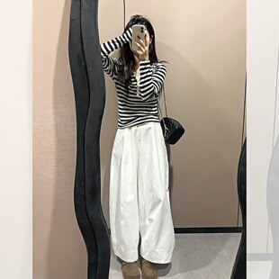 MONLOUVE2025新款韩系慵懒风早秋条纹针织阔腿裤套装女装小个子氛