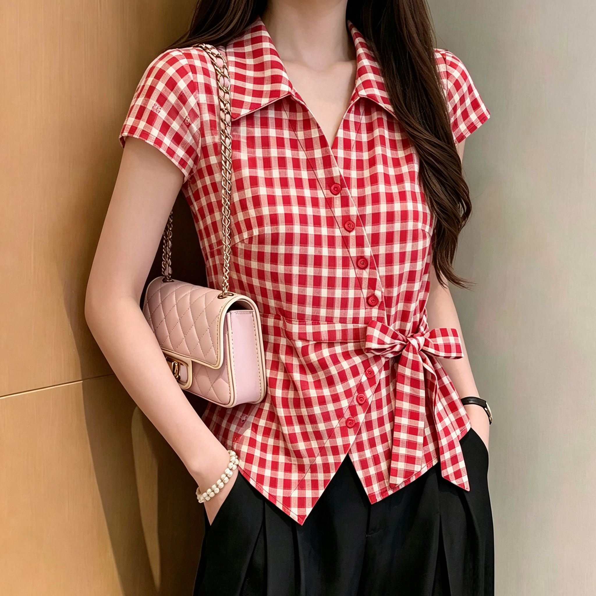 港式不规则系带红色格子衬衫女图片