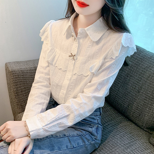 2024春秋新款长袖女士衬衫百搭纯色宽松上衣拼接薄款白色纯棉衬衣