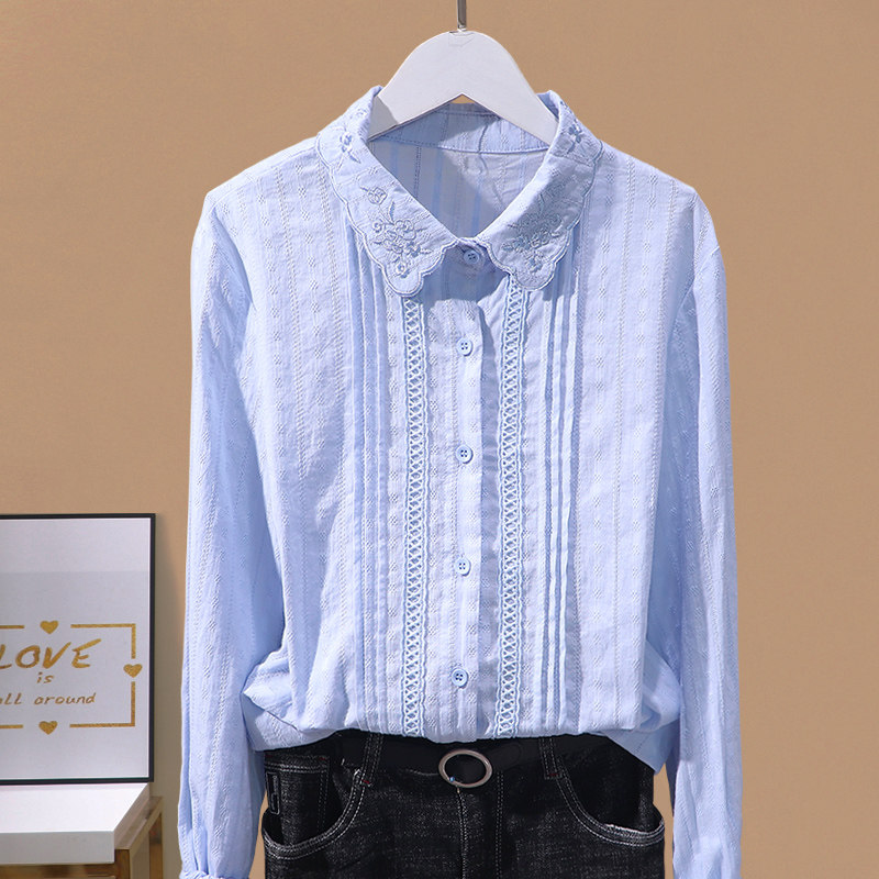 2021秋季新韩版POLO领刺绣棉布衬衣百搭设计感拼接上衣百搭衬衫女