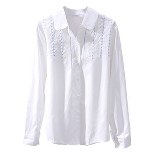 白色刺绣棉布衬衫2025春秋款长袖气质绣花打底衫POLO领衬衣上衣女
