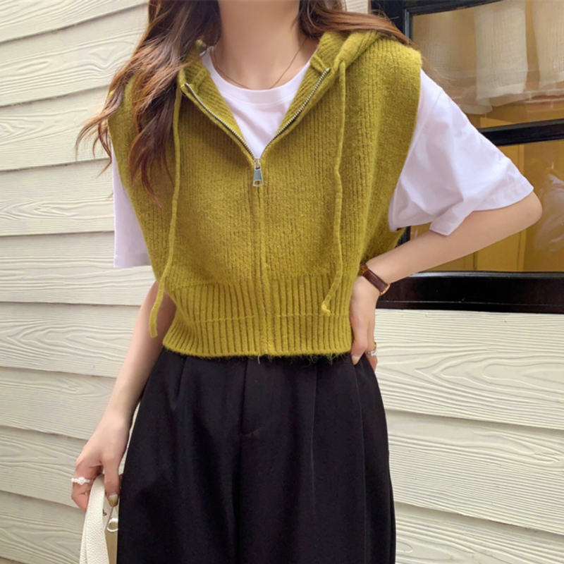 马甲女慵懒风连帽针织款背心上衣