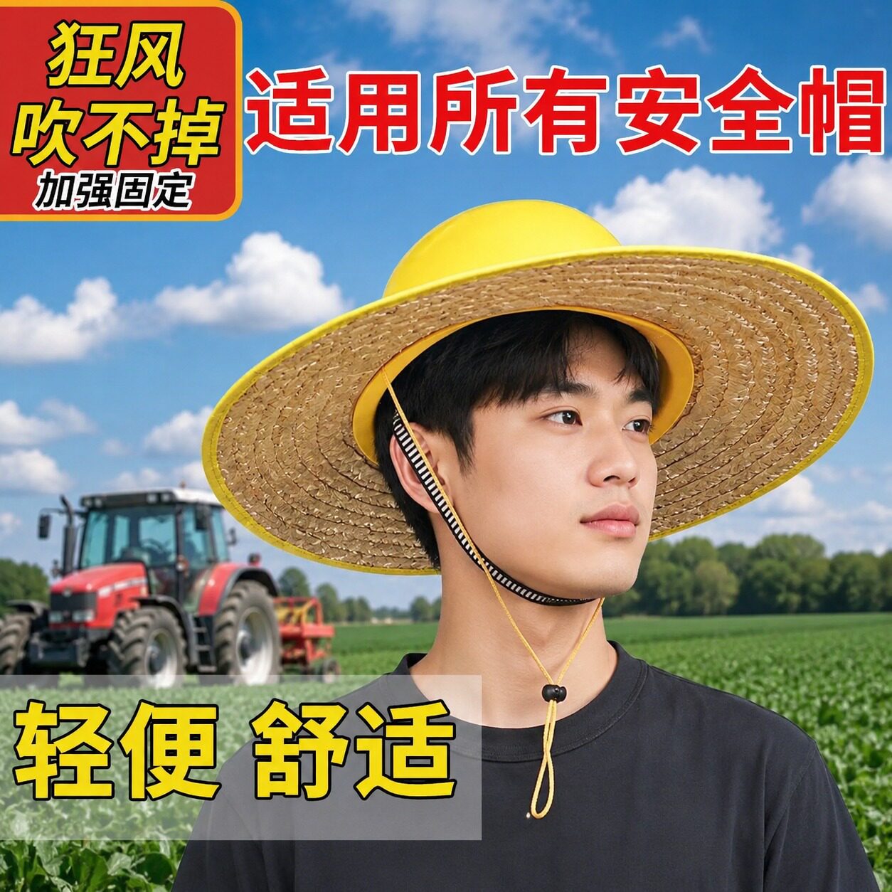 安全帽遮阳帽檐防晒加大无顶草帽草编夏男专用帽套帽沿施工地干活