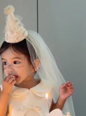 网红女孩儿童周岁公主宝宝派对头饰生日帽子带纱发箍装饰场景布置