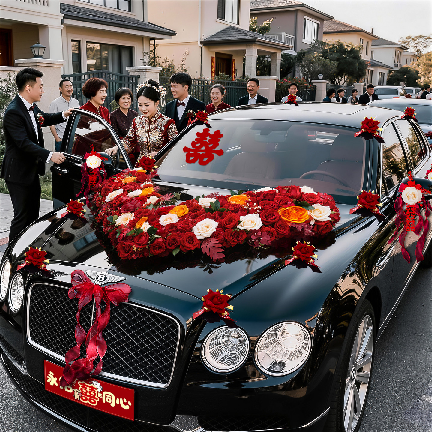 头车花婚车装饰车头花结婚主婚车头车装饰车队仿真花吸盘全套大V