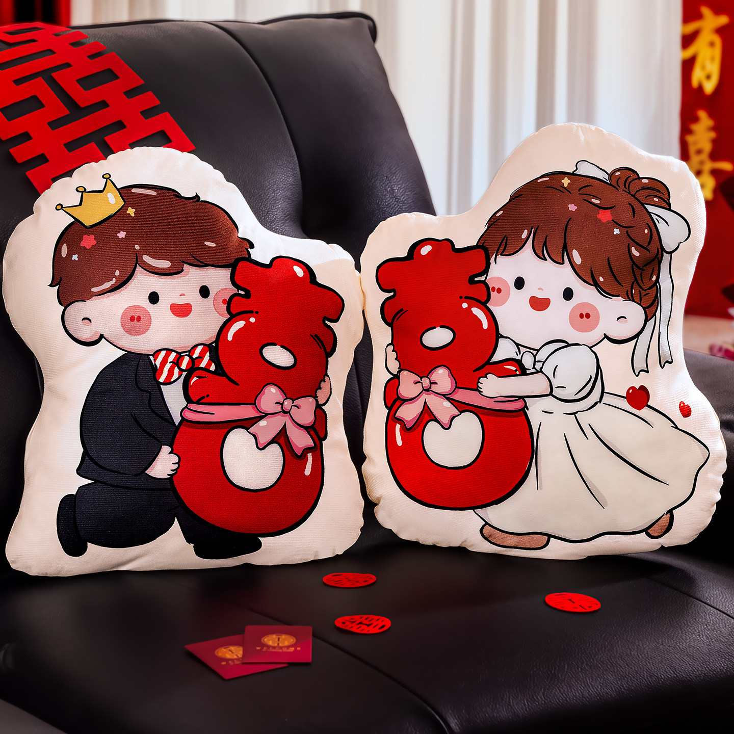 结婚喜娃抱枕一对新婚红色压床娃娃婚礼陪嫁公仔婚房布置装扮用品