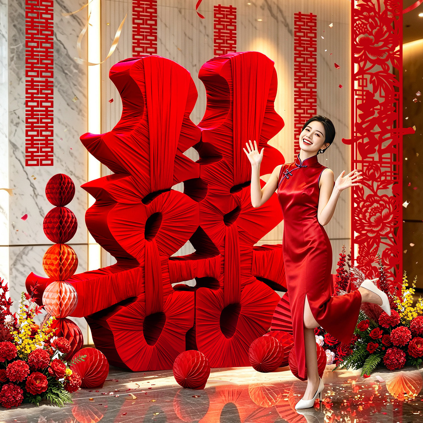 立体大缠布喜字装饰红色婚庆用品结婚新房布置道具成品款木制框架