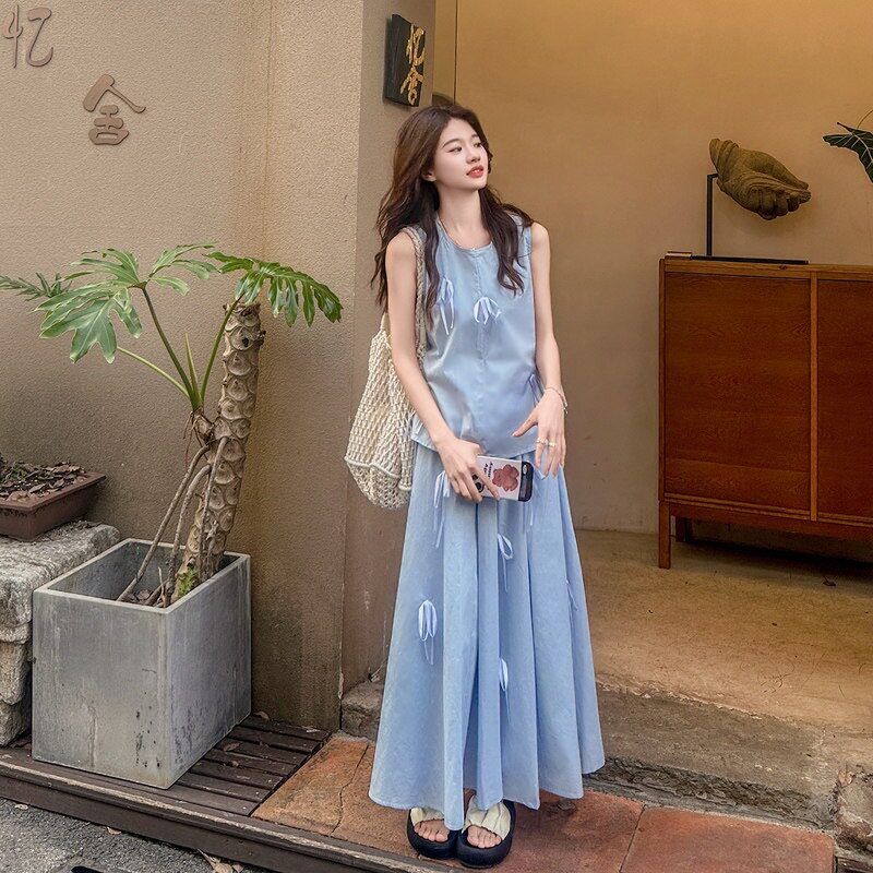 今年流行法式蝴蝶结蓝色无袖套装裙女夏装搭配一整套半身裙两件套