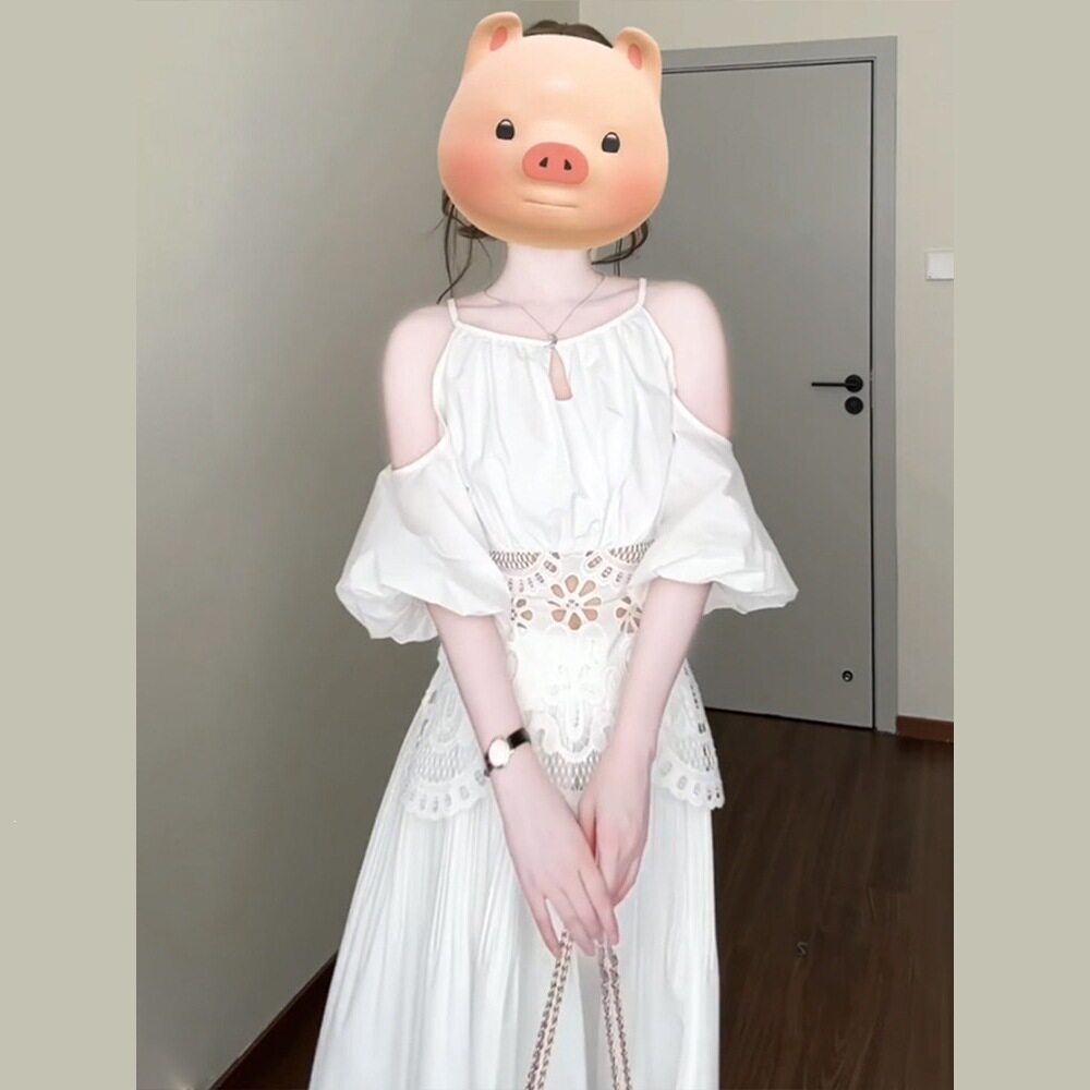 2026初夏穿搭独特绝美漂亮小套装温柔气质露肩钩花上衣高腰半身裙
