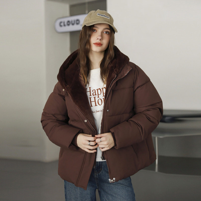 外贸棉服女短款2026年冬新款韩版假两件连帽拼接面包服棉袄外套潮