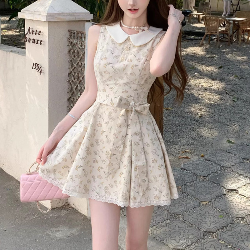 Q女家 馥郁少女/千金感日常全棉碎花连衣裙法式漂亮无袖裙子女夏