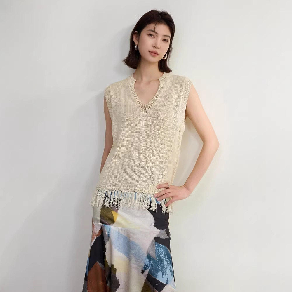 老钱风桑蚕丝和纸V领针织背心女外穿2026新款女装流苏边春季马甲