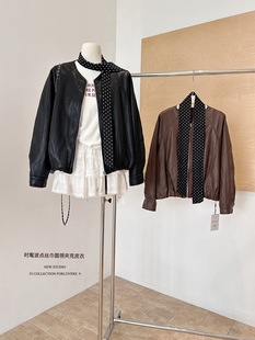 韩系时髦调性波点飘带圆领花苞廓形PU皮衣外套女秋冬加棉拉链夹克