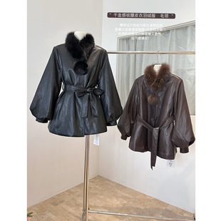 秋冬千金感配毛毛领系带收腰夹羽绒PU皮衣女中长款灯笼袖外套大衣