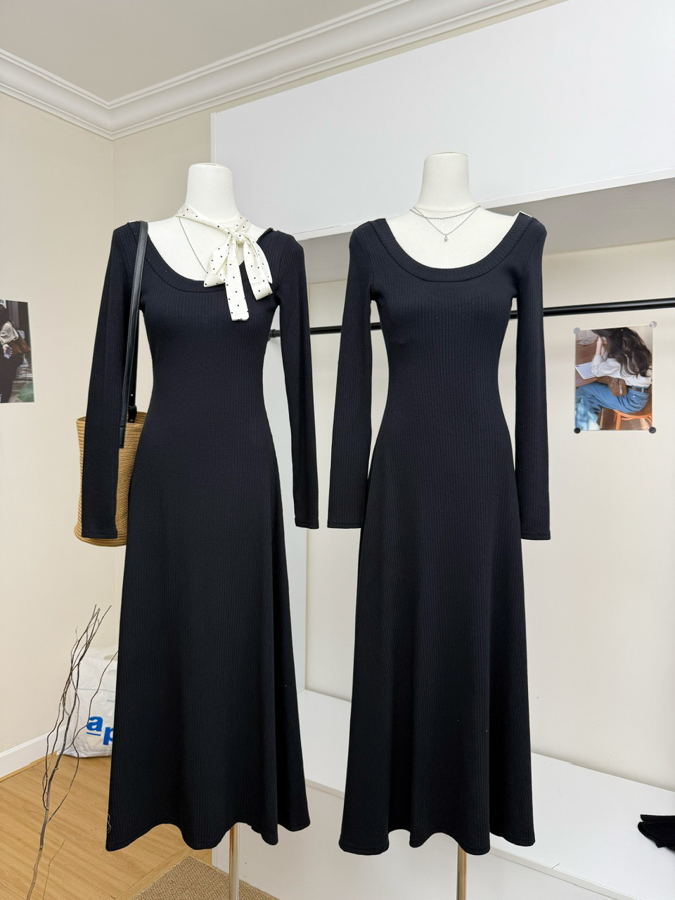 法式气质修身加胸垫波点系带露背U领针织连衣裙女黑色长裙打底裙