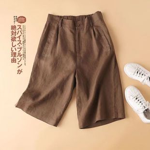 女2025夏季 薄款 棉麻短裤 新款 高腰休闲五分裤 宽松复古松紧腰阔腿裤