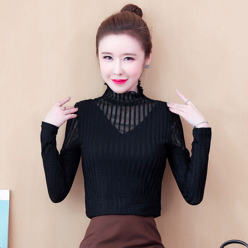 高领蕾丝打底小衫女士内搭薄款网纱收腰上衣条纹T恤长袖秋冬百搭