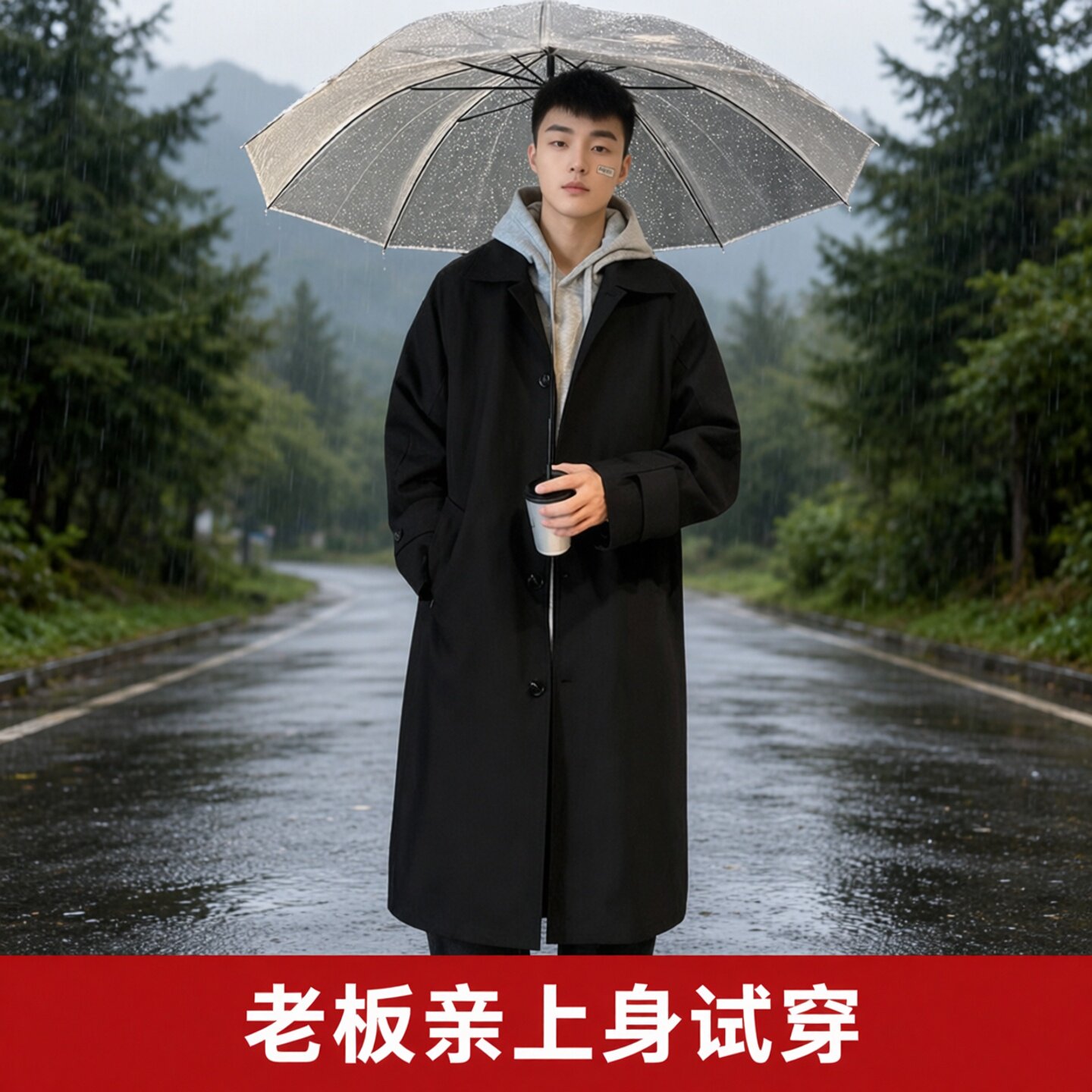 秋冬休闲男中长款风衣外套黑棕色