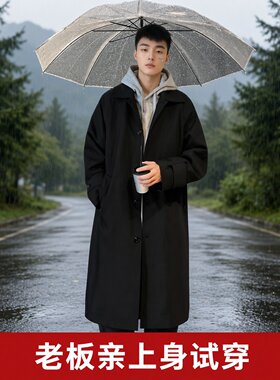 秋冬休闲男中长款风衣外套黑棕色