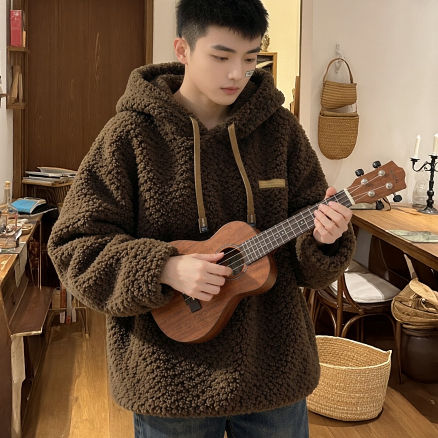 冬毛绒连帽加绒外套卫衣情侣上衣