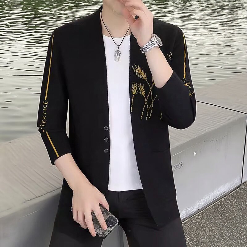 修身显瘦V领针织夹克男外套黑灰