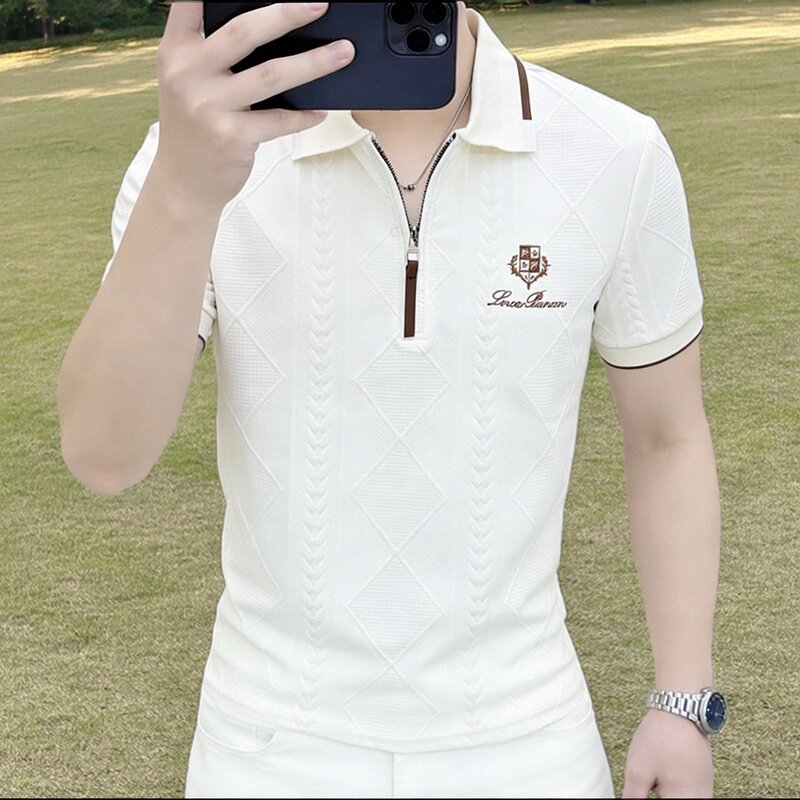 高端刺绣翻领短袖男士Polo衫白色