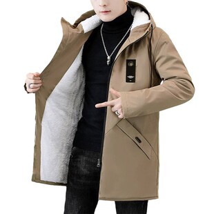 冬季加绒加厚外套男士中长款风衣新款连帽保暖宽松休闲百搭夹克衫