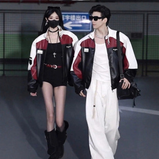 赛车服男女款外套撞色拼接皮衣外套宽松立领机车服pu皮夹克上衣